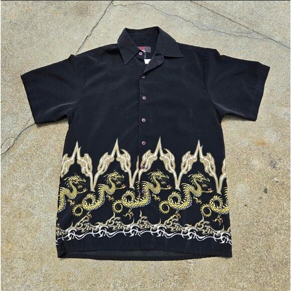 Y2k Emergency Exit Button Up Dragon Flame Barbwire Shirt Mens Size S Cyber - Picture 1 of 6